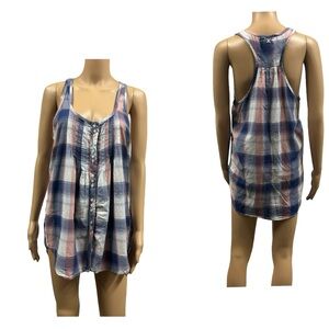 Hurley Pink Blue Plaid Racerback Long Tunic Tank Blouse Coverup Womens Medium